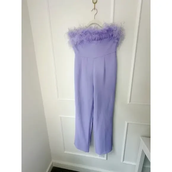 NWT Nasty Gal Feather Strapless Jumpsuit Lavender - Picture 3 of 12
